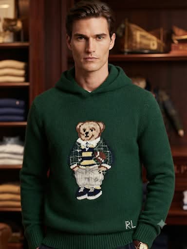 Premium Exclusive High-End Authentic Forest Green Knit Hoodie with Embroidered Bear Graphic