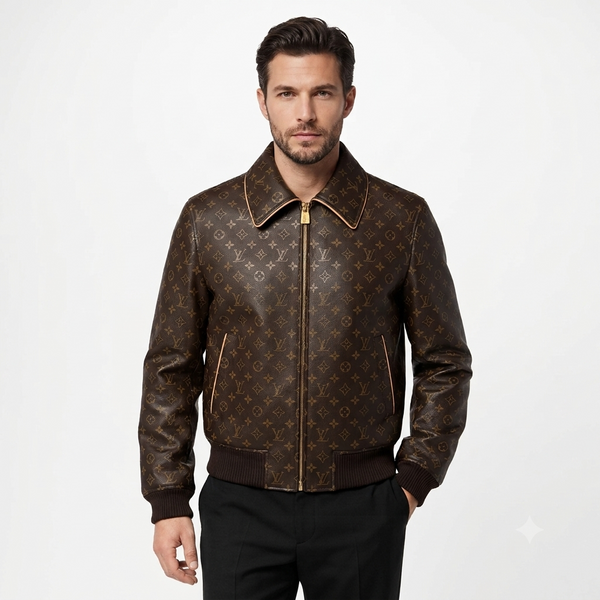 Premium Exclusive High-End Authentic Brown Monogram Leather Bomber Jacket