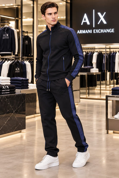 Premium Exclusive High-End Authentic Black Tracksuit Set with Blue Contrast Side Stripes