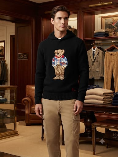 Premium Exclusive High-End Authentic Black Knit Hoodie with Embroidered Bear Graphic