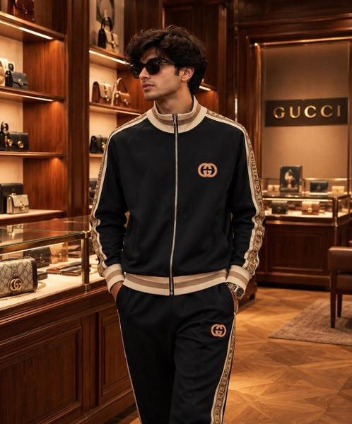 Premium Exclusive High-End Authentic Tracksuit Set with Beige Contrast Side Stripes