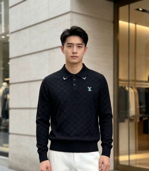Premium Textured Knit Long-Sleeve Polo Pullover