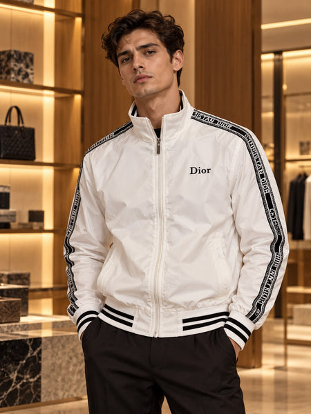 Luxury Black Brand Signature Track Jacket with Logo Tape Sleeves