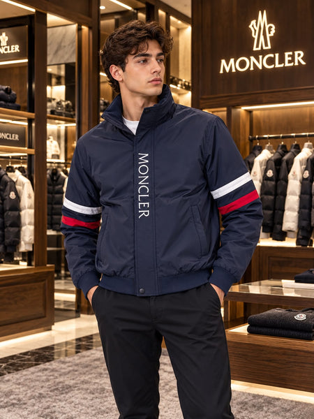 Premium Navy Lightweight Windcheater with Tricolor Sleeve Stripes