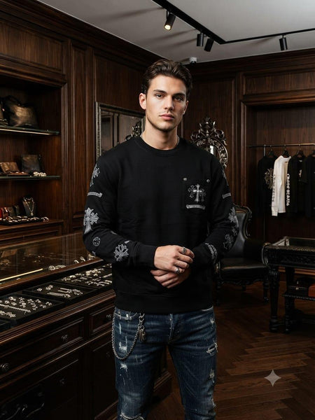 Premium Black Crewneck Pullover with Cross Details