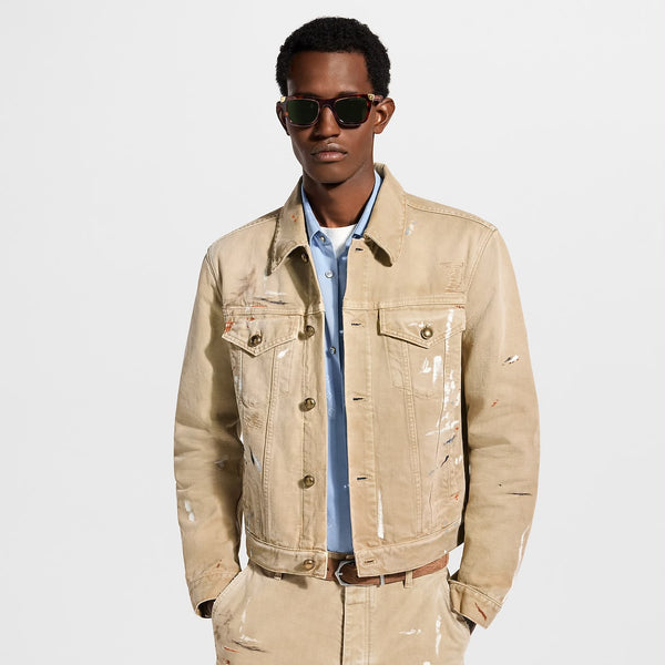Premium Men’s Beige Distressed Denim Trucker Jacket