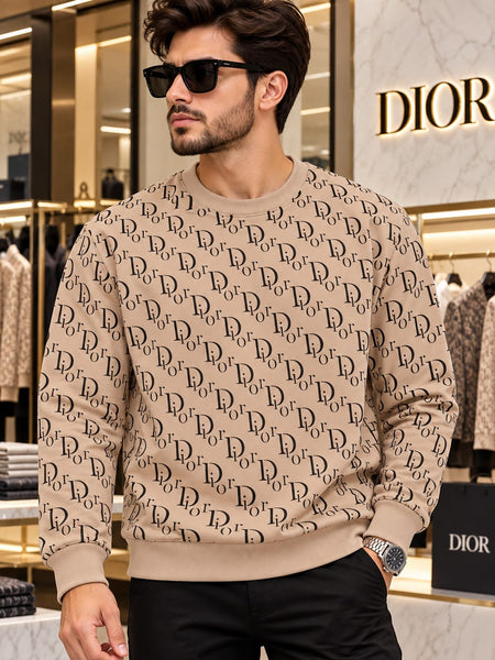 Premium Exclusive High-End Quality Soft Beige All Over Print Crew Neck Sweatshirt for Men