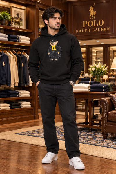 Premium Exclusive High-End Soft Fleece Black Embroidered Bear Graphic Pullover Hoodie for Casual Everyday Style