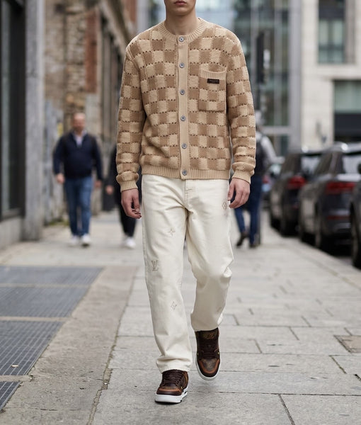 Premium Beige Checkerboard Knit Cardigan