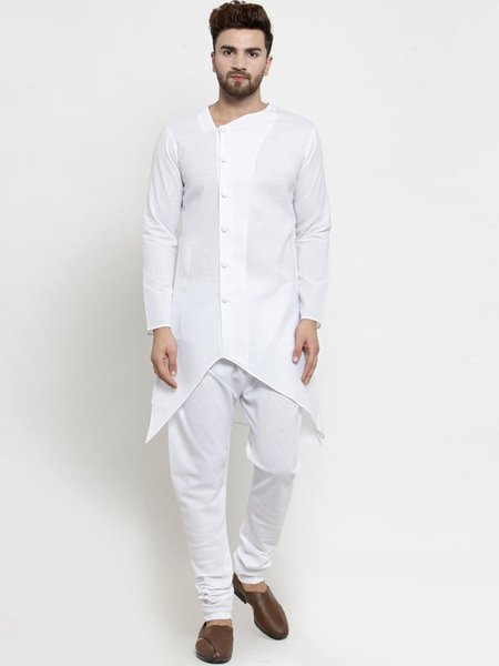 Designer White Linen Kurta With Chudidar Pajama For Men By Treemoda