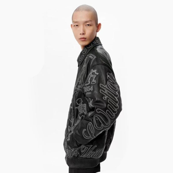 Branded Embroidered Leather Bomber BLACK