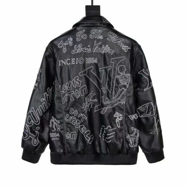 Branded Embroidered Leather Bomber BLACK