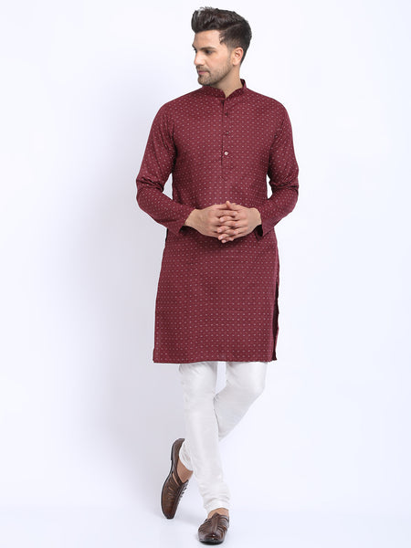 Printed Maroon Cotton Kurta with Churidar Pajama by Treemoda