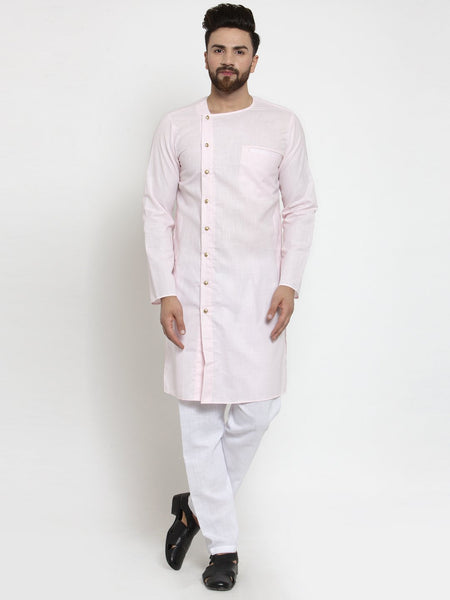 Designer Full Sleeve Pink Kurta With Aligarh Pajama Set in Linen For Men by Treemoda