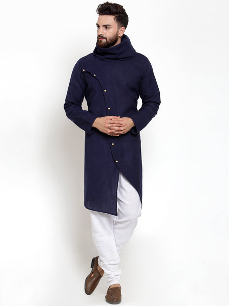 Navy Blue Kurta With Churidar Pajama Set For Men by Treemoda