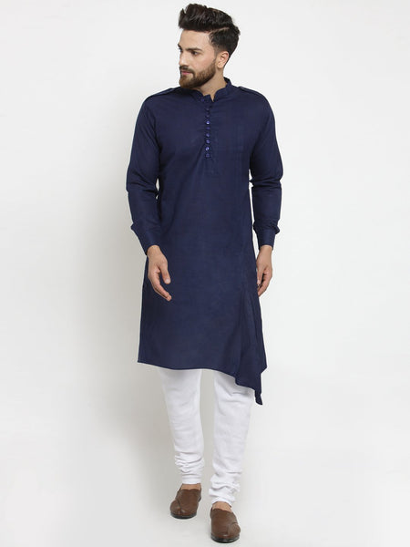 Navy Blue Kurta With Churidar Pajama Set in Linen For Men by Treemoda