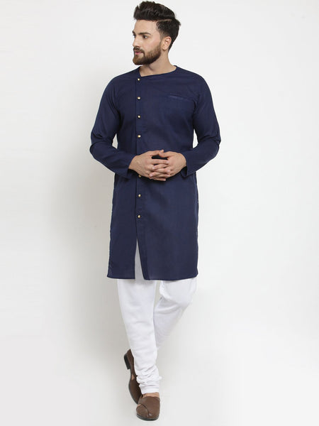 Navy Blue Kurta With Churidar Pajama Set in Linen For Men by Treemoda