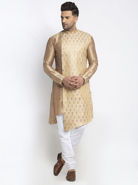Embellished Brocade Golden Kurta With Churidar Pajama Set For Men By Treemoda