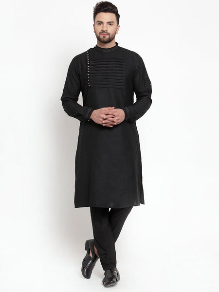 Designer Black Kurta With Aligarh Pajama Set in Linen For Men by Treemoda