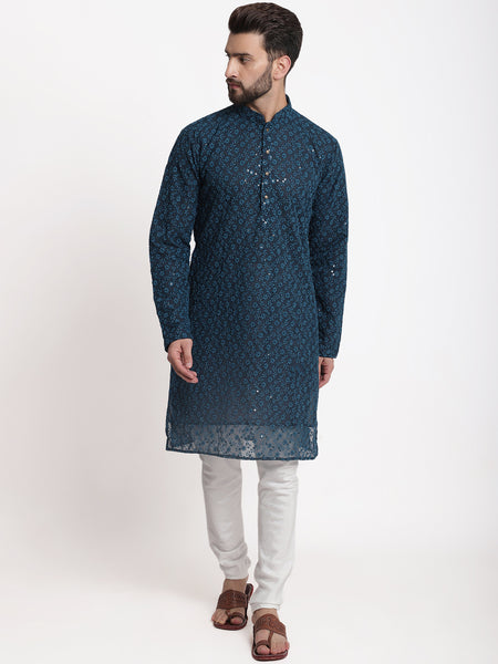 Blue Chikankari Floral Embroidery Kurta With Churidar Pajama by Treemoda