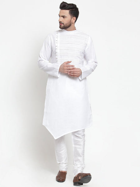 Designer White Kurta With Churidar Pajama Set in Linen For Men by Treemoda