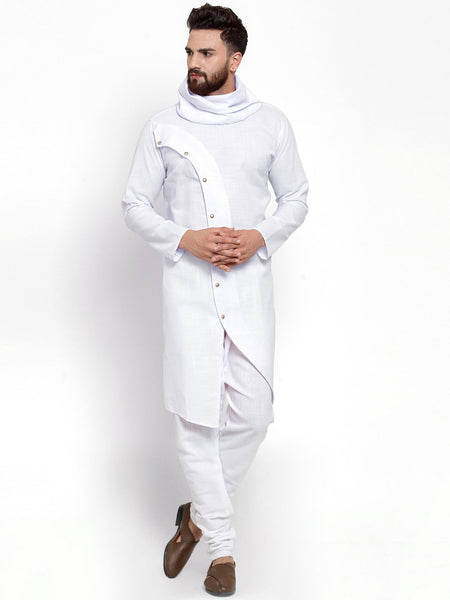 White Kurta With Churidar Pajama Set in Linen For Men by Treemoda
