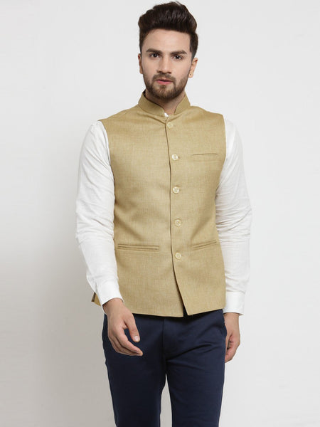 Men Beige Solid Nehru Jacket By Treemoda