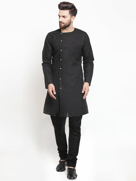 Black Kurta With Churidar Pajama Set in Linen For Men by Treemoda
