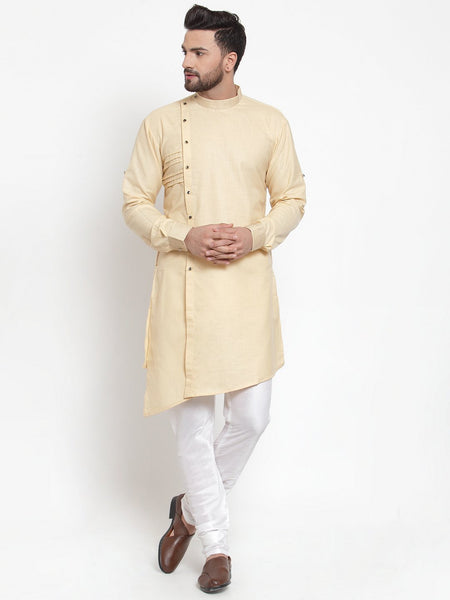 Designer Beige Kurta With Churidar Pajama Set in Linen For Men by Treemoda