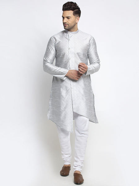 Embellished Brocade Light Grey Kurta With Churidar Pajama Set For Men By Treemoda