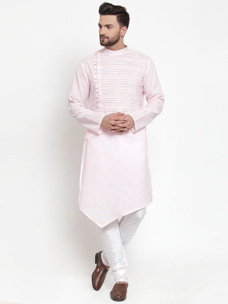 Designer Pink Kurta With Churidar Pajama in Linen For Men by Treemoda
