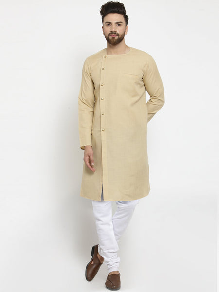 Beige Kurta  With Churidar Pajama Set in Linen For Men by Treemoda
