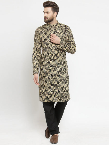 Printed Cotton Kurta in Dark Beige and Black with Aligarh Pajama By Treemoda