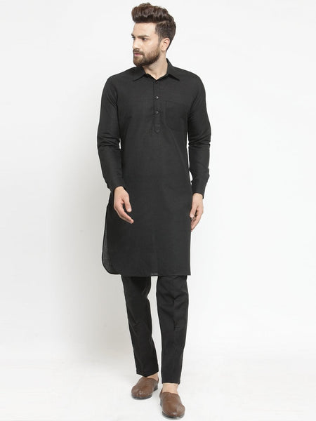 Designer Black Pathani Lenin Kurta with Pants for a Royal look by TREEMODA