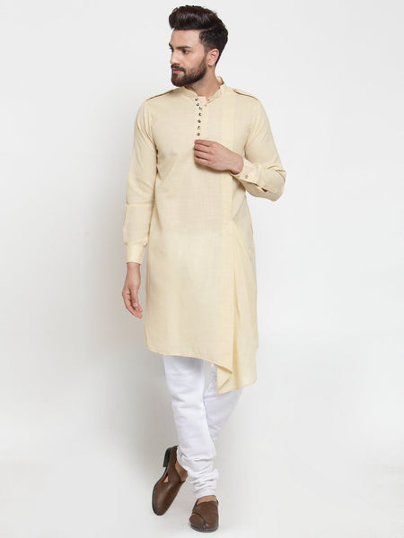 Beige Kurta With Churidar Pajama Set in Linen For Men by Treemoda