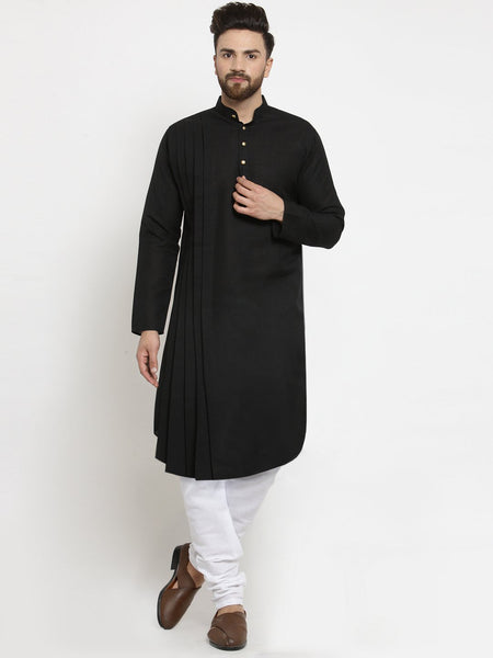 Designer Black Linen Kurta With Churidar Pajama For Men By Treemoda