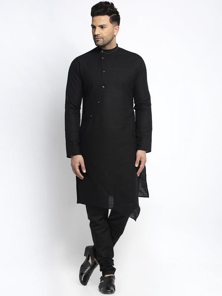Designer Black Linen Kurta With Churidar Pajama Set For Men By Treemoda