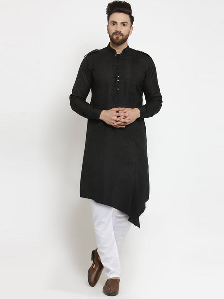 Black Kurta With Aligarh Pajama Set in Linen For Men by Treemoda