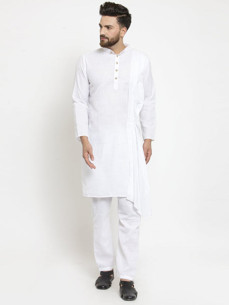 White Kurta With Aligarh Pajama Set in Linen For Men by Treemoda