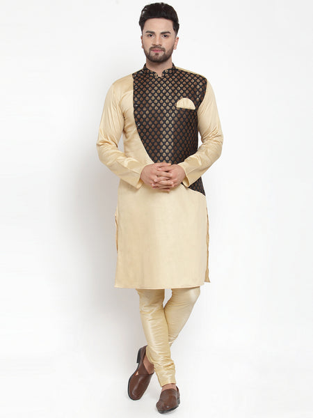 Designer Brocade Beige Banarasi Silk Kurta Pajama Set by Treemoda