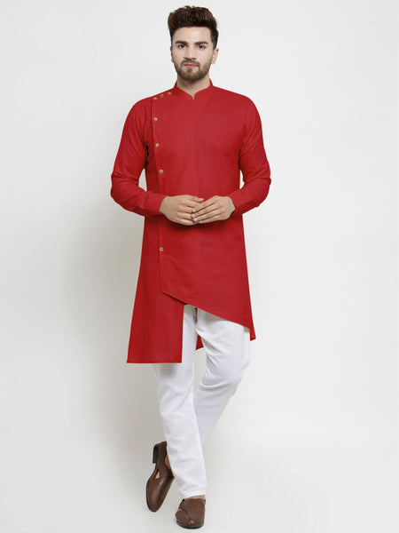 Designer Red Linen Kurta With White Aligarh Pajama For Men By Treemoda
