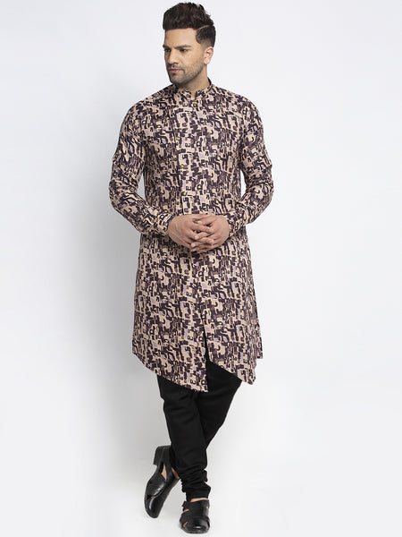Designer Cotton Brown Block Printed Kurta With Churidar Pajama Set For Men By Treemoda