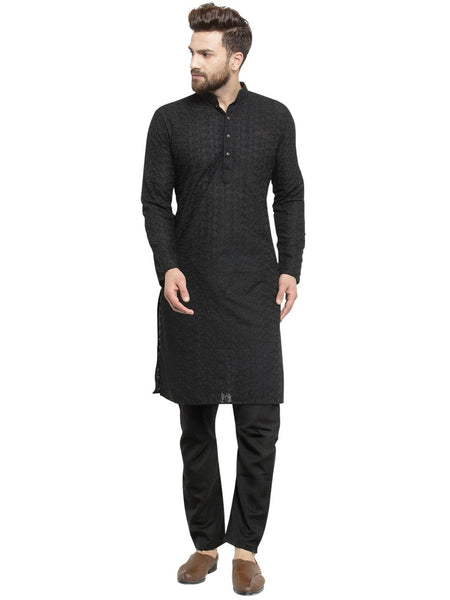 Black Cotton Chikankari Lucknowi Jaal Embroidered Kurta with Aligarh Pajama by Treemoda