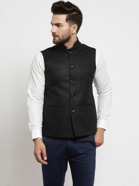 Men Black Solid Nehru Jacket By Treemoda