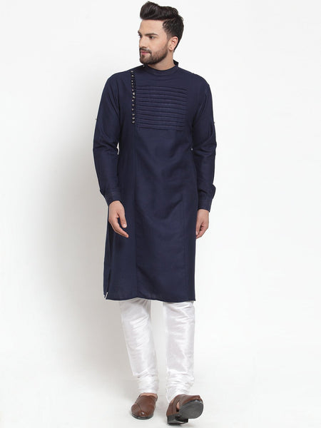 Designer Navy Blue Kurta With Churidar Pajama in Linen for Men by Treemoda