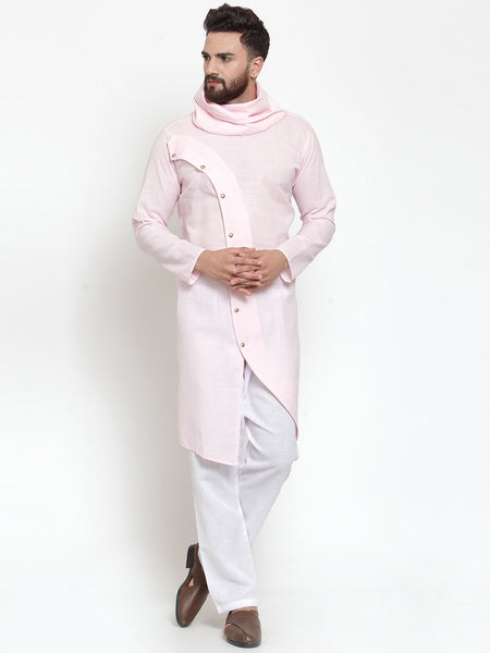 Pink Kurta With Aligarh Pajama in Linen For Men by Treemoda