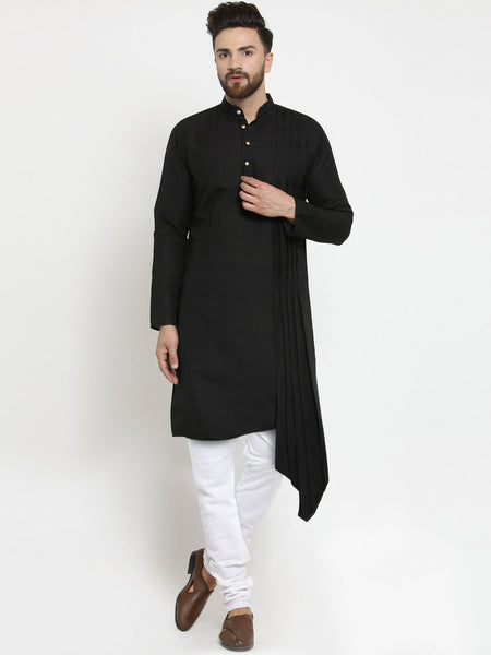Black Kurta With Churidar Pajama Set in Linen For Men by Treemoda