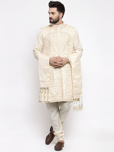 Men's White Embroidered Kurta Pajama Set, With  Jacket, and Scarf by Treemoda