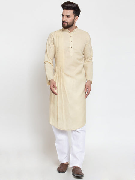 Beige Kurta With Aligarh Pajama Set in Linen For Men by Treemoda