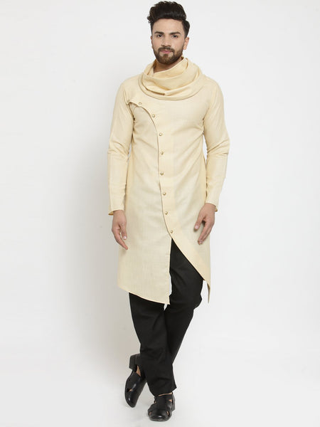 Beige Kurta With Aligarh Pajama Set in Linen For Men by Treemoda